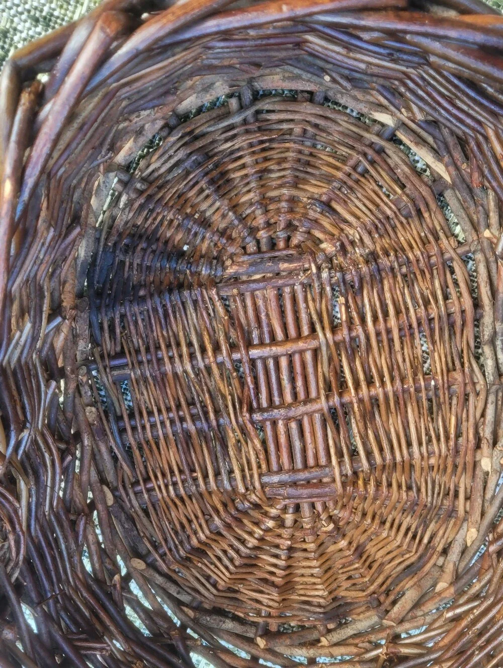 Large Dark Willow Gathering Basket with Arched Twisted Handle Handmade Vintage